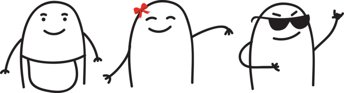 Minimalist doodle three characters: chef cooking, girl walking and playboy boy