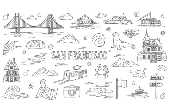 San francisco landmarks and icons: golden gate, cable cars, sea lion, alcatraz, victorian houses