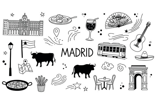 Madrid icons: landmarks, cuisine, culture, and transportation illustrated in black and white