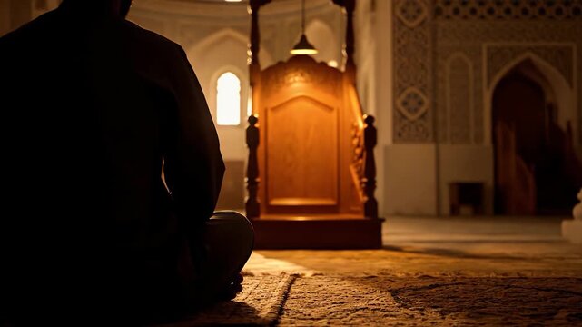 A poetic over-the-shoulder shot of a silhouette sitting in prayer inside a traditional wooden mosque with a glowing mihrab.