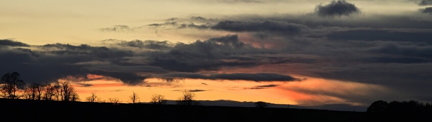 Fototapeta premium Dramatic sunset sky with silhouetted leafless trees along horizon