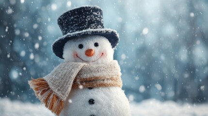 Fototapeta premium Cheerful snowman in winter scene with falling snowflakes.