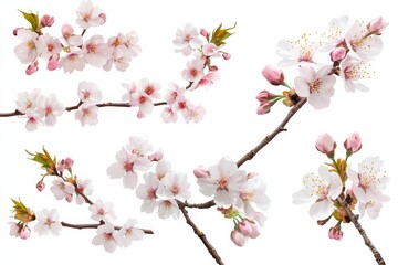 Fototapeta premium Set of cherry blossoms with soft pink petals and branches on a white background for floral design or decoration