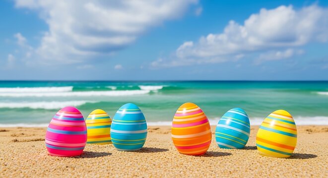 Colorful easter eggs on the beach, pastel colored eggs on the sand, ocean background