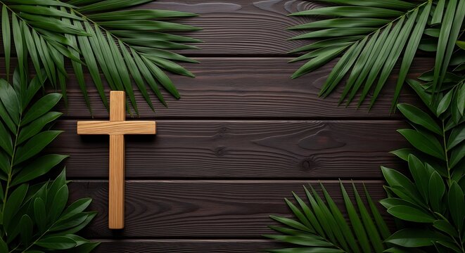 Easter background with cross and palm branches on wooden table, religious holiday