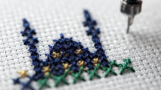 A poetic animation showing a cross-stitch pattern of a mosque and crescent moon being completed pixel by pixel on a canvas.