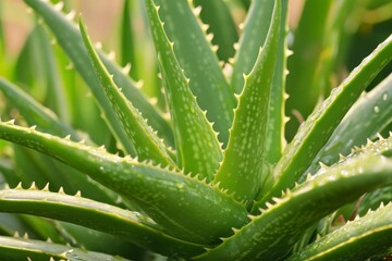 Fototapeta premium Close up view of aloe vera plant showcasing green leaves and texture in a garden setting