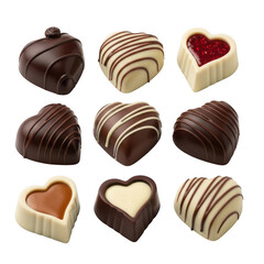 Obraz premium Assorted heart shaped chocolates on a white background isolated on transparent background