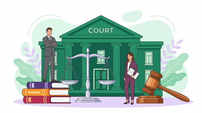 Professional lawyers standing before the court building featuring scales of justice, gavel and books, concept for legal representation, judicial services and law school resources