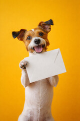 Happy Puppy Holding Mail Envelope On Yellow Background