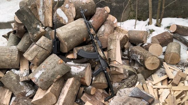 Ukraine: A Ukrainian soldier prepares firewood for the cold winter in the Carpathians to protect the border.