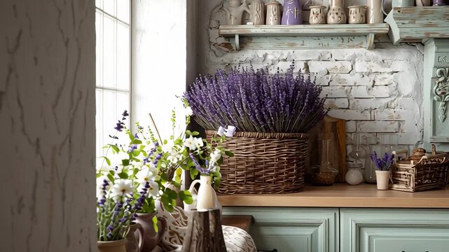 Rustic Mediterranean kitchen interior with lavender accents, vintage stove, pastel cabinets and natural decor, inspired by cozy Provence countryside style