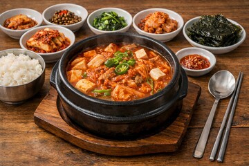 Spicy tofu stew in hot stone pot with banchan