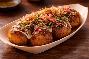 Takoyaki with seaweed and ginger toppings plate