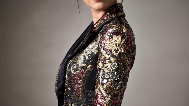 Medium shot focusing on a richly embellished jacket featuring detailed beadwork and a fusion of oldworld craftsmanship with modern fashion elements.