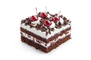 Black forest cake sits on a white background with whipped cream and cherries showing its layered design