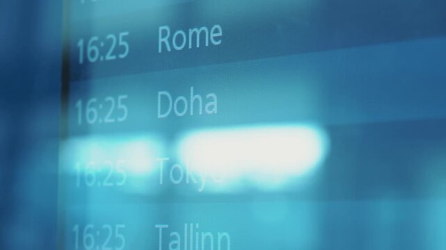 Flight schedule display board showing various international destinations including Stockholm, Vilnius, and Rome with departure times visible in a modern airport setting