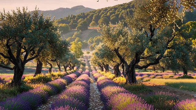 Lavender rows growing between olive trees in warm Mediterranean countryside at golden hour, peaceful rural landscape with soft sunlight and summer atmosphere
