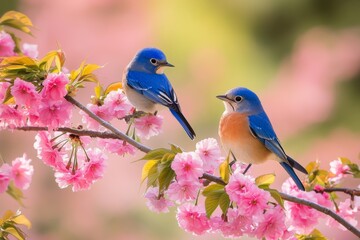 Obraz premium Bluebirds sitting on branches of cherry blossom trees during springtime in a garden with blooming flowers
