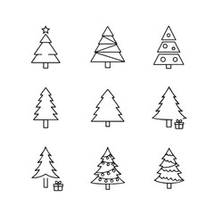 Fototapeta premium Set of 9 Christmas Tree Icons with Presents and Lights, Outline Vector Graphics