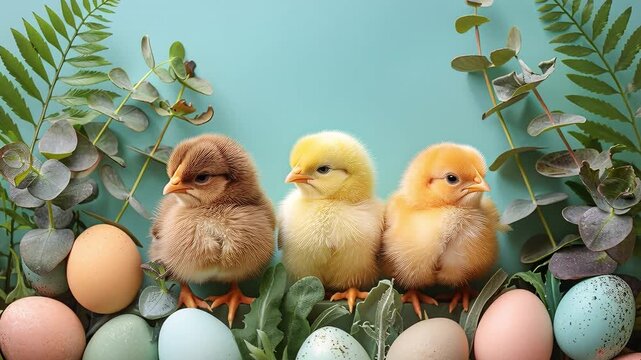Three chicks are playing near pastel-colored eggs. They are exploring the eggs while surrounded by green plants. This scene takes place during spring, relating to Easter