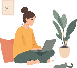 Relaxed woman working on laptop at home with cat