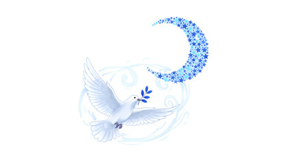 Fototapeta premium Artistic crescent moon with floral elements and dove, peaceful Ramadan Islamic illustration