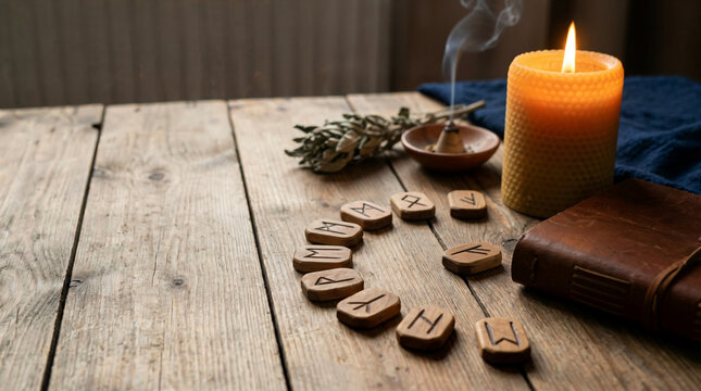 Wooden rune stones with burning candle and leather journal on rustic table. Esoteric divination tool for fortune telling and spirituality.
