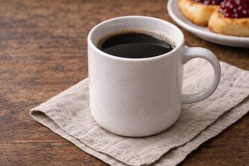Hot black coffee in white mug