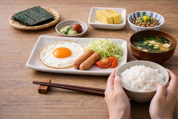 Traditional Japanese breakfast set on table