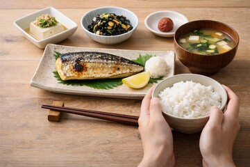 Japanese grilled fish set meal on table