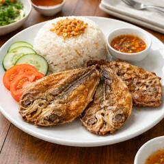 Fried fish plate with rice and salad