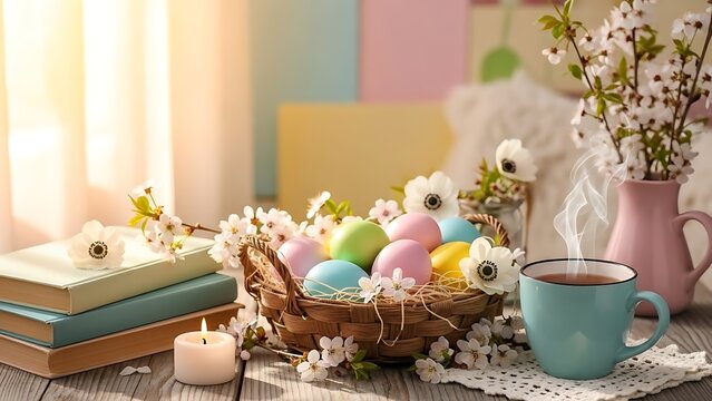 Easter monday celebration with colorful eggs and spring flowers