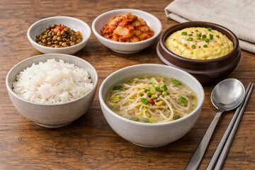 Korean meal spread with rice and side dishes