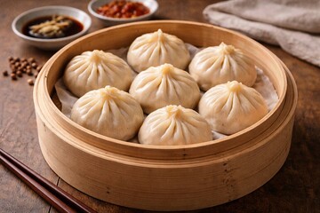 Steamed soup dumplings in bamboo basket