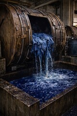 Industrial water flow from wooden barrels in factory