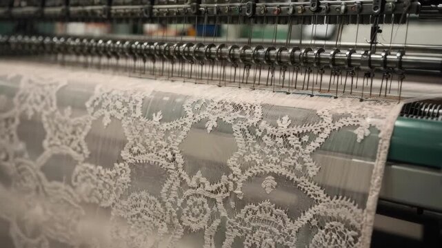 Footage of patterned sheer hosiery creation on fine gauge looms capturing the detailed weaving of intricate designs and ornamental motifs on delicate tights.