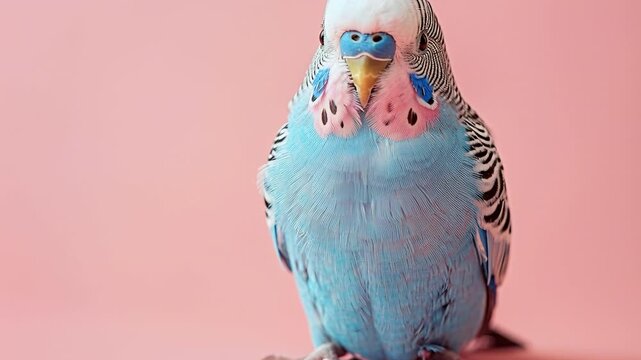 A budgerigar sits on a surface with a pink background. The bird has blue feathers and notable cheek patches. The setting looks clean and well lit