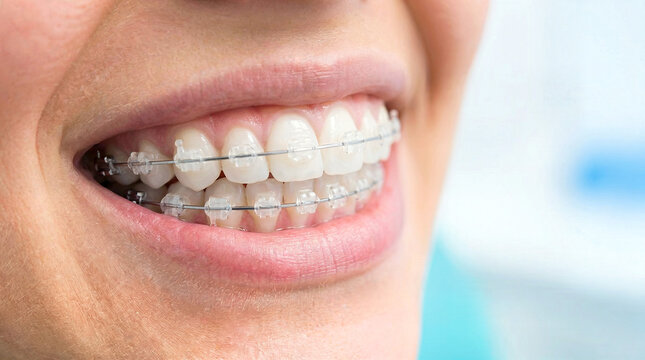 Woman smiling showing her ceramic dental braces on white teeth. Orthodontic treatment for a beautiful smile. Dental care concept.