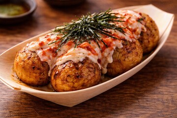 Takoyaki topped with sauce and seaweed closeup