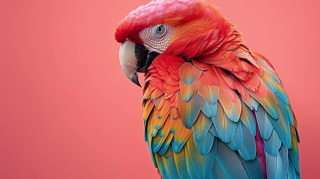 A parrot stands still against a solid pink background. Its feathers display bright colors and detailed patterns. The bird looks directly at the viewer with curiosity