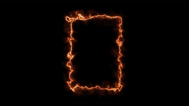 fiery frame of fire and burning hot flames. A realistic wild blazing inferno themed rectangle picture frame or border of roaring flames with a plain black background 4K animation