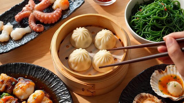 Steamed dumplings and assorted seafood dishes