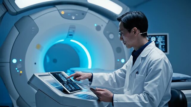 Doctor operates MRI scanner using tablet in hospital. Radiologist reviews brain scan on tablet near MRI machine. Doctor examines scan results by scanner. MRI technician works with tablet device.