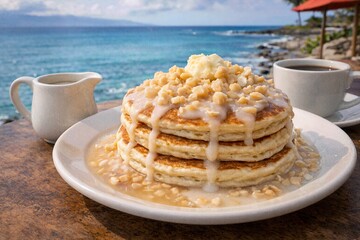 Stack of pancakes with syrup drizzle on plate