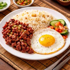 Filipino style rice plate with minced meat and fried egg