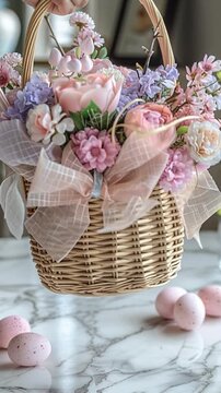 A hand holds a wicker basket filled with pastel flowers and ribbons. The setting is bright. Pink and purple flowers stand out against the light background. Eggs are placed near the basket