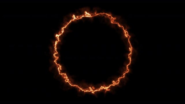 fiery frame of fire and burning hot flames. A realistic inferno themed circle or ring hoop shaped  frame or border of roaring flames with a plain black background 4K animation