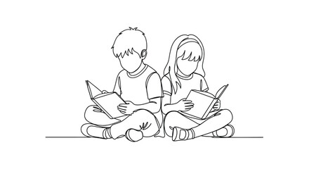 Two children reading books together a simple line art silhouette