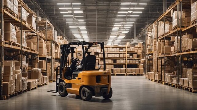 A forklift is moving through a large warehouse filled with many boxes stacked on shelves. The space is organized for efficient storage. The scene takes place during the day